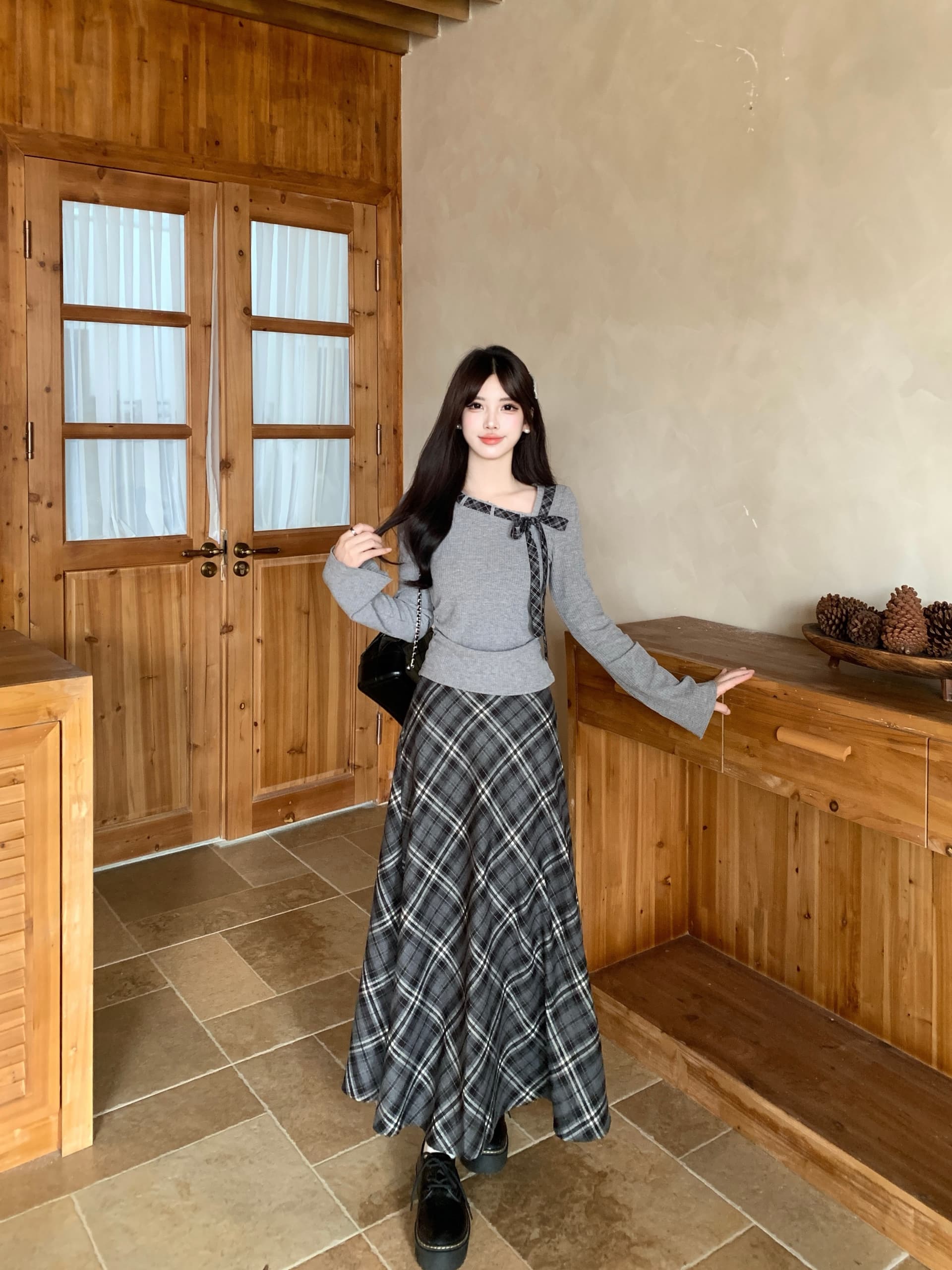 실사 빅 사이즈 이른 가을 여성 디자인 센스 회색 학원 스타일 맨위 체크무늬 반 스커트 새로운 세트 8056 상세 이미지 2