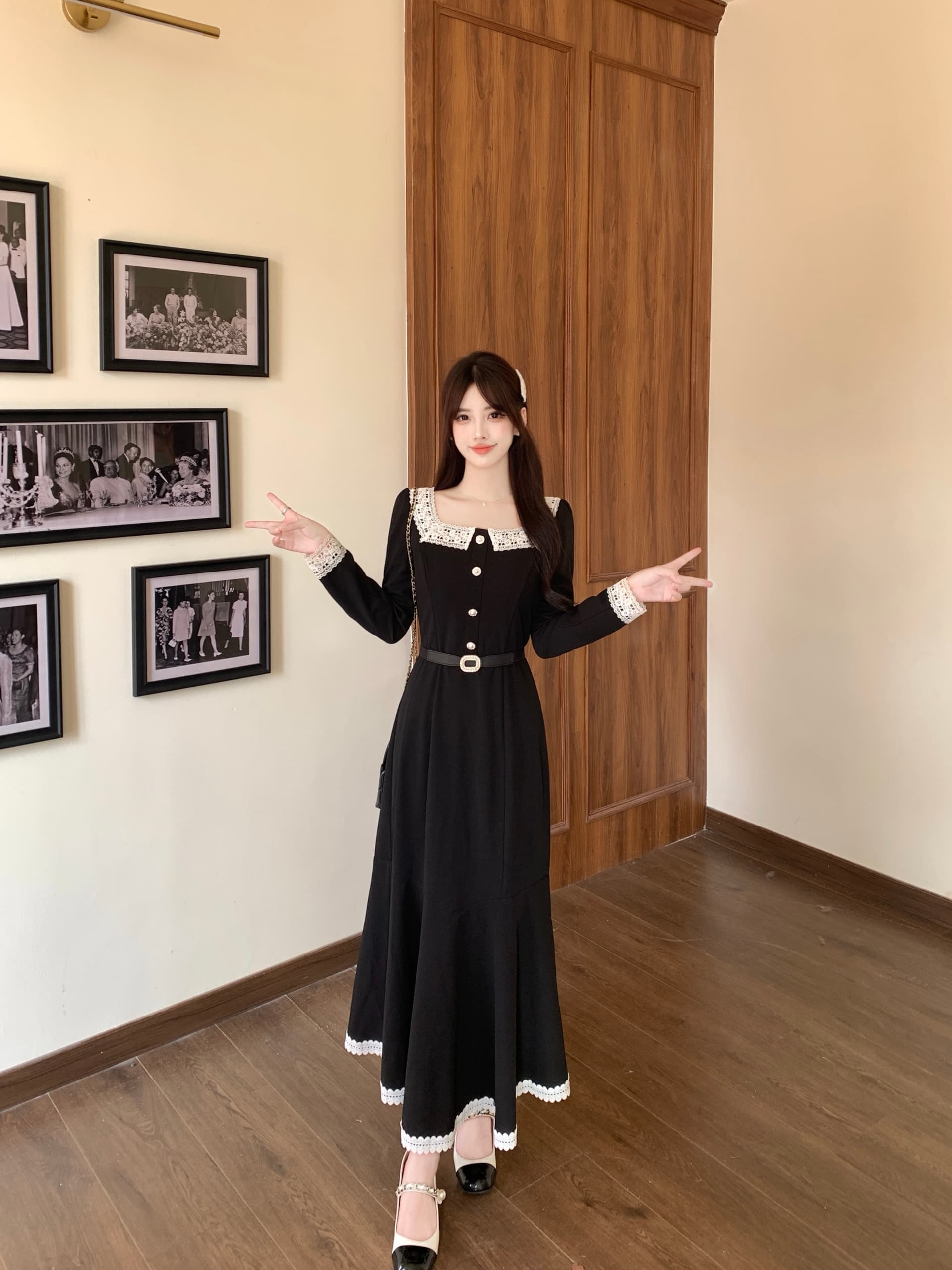 실사 빅 사이즈 프랑스식 가을 그는 벤 바람 롱 스커트 레트로 검정색 레이스 조각 인어 꼬리 여성 드레스 8057