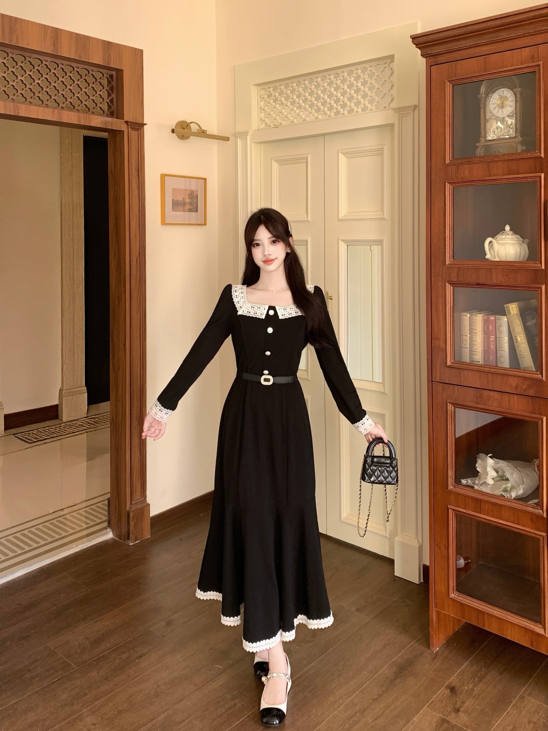 실사 빅 사이즈 프랑스식 가을 그는 벤 바람 롱 스커트 레트로 검정색 레이스 조각 인어 꼬리 여성 드레스 8057 상세 이미지 10