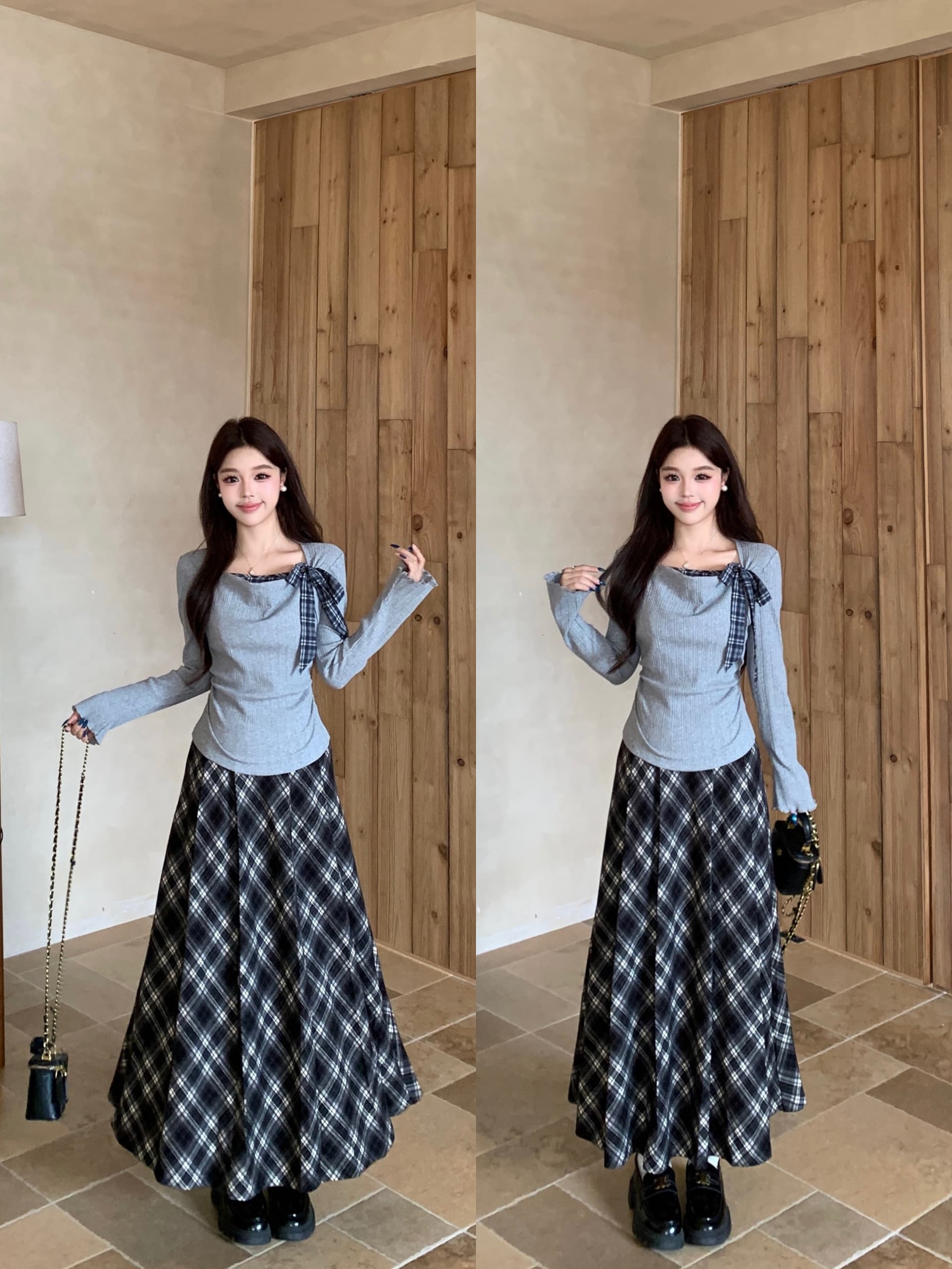 실사 빅 사이즈 한 부서 품격 학원 스타일 여성 가을 흔들다 칼라 맨위 체크무늬 반신 치마 세트 여성 8070 상세 이미지 2