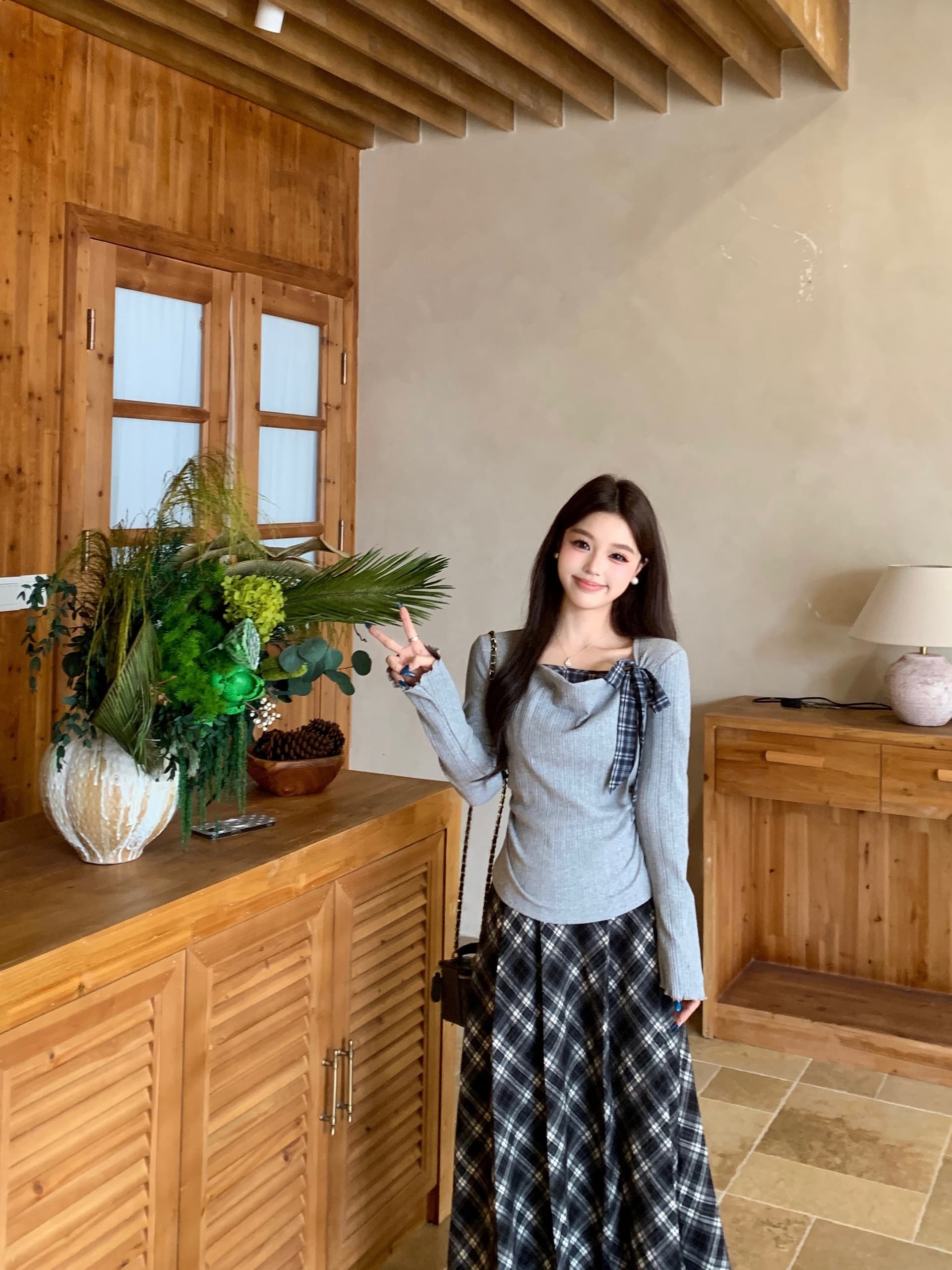 실사 빅 사이즈 한 부서 품격 학원 스타일 여성 가을 흔들다 칼라 맨위 체크무늬 반신 치마 세트 여성 8070 상세 이미지 10