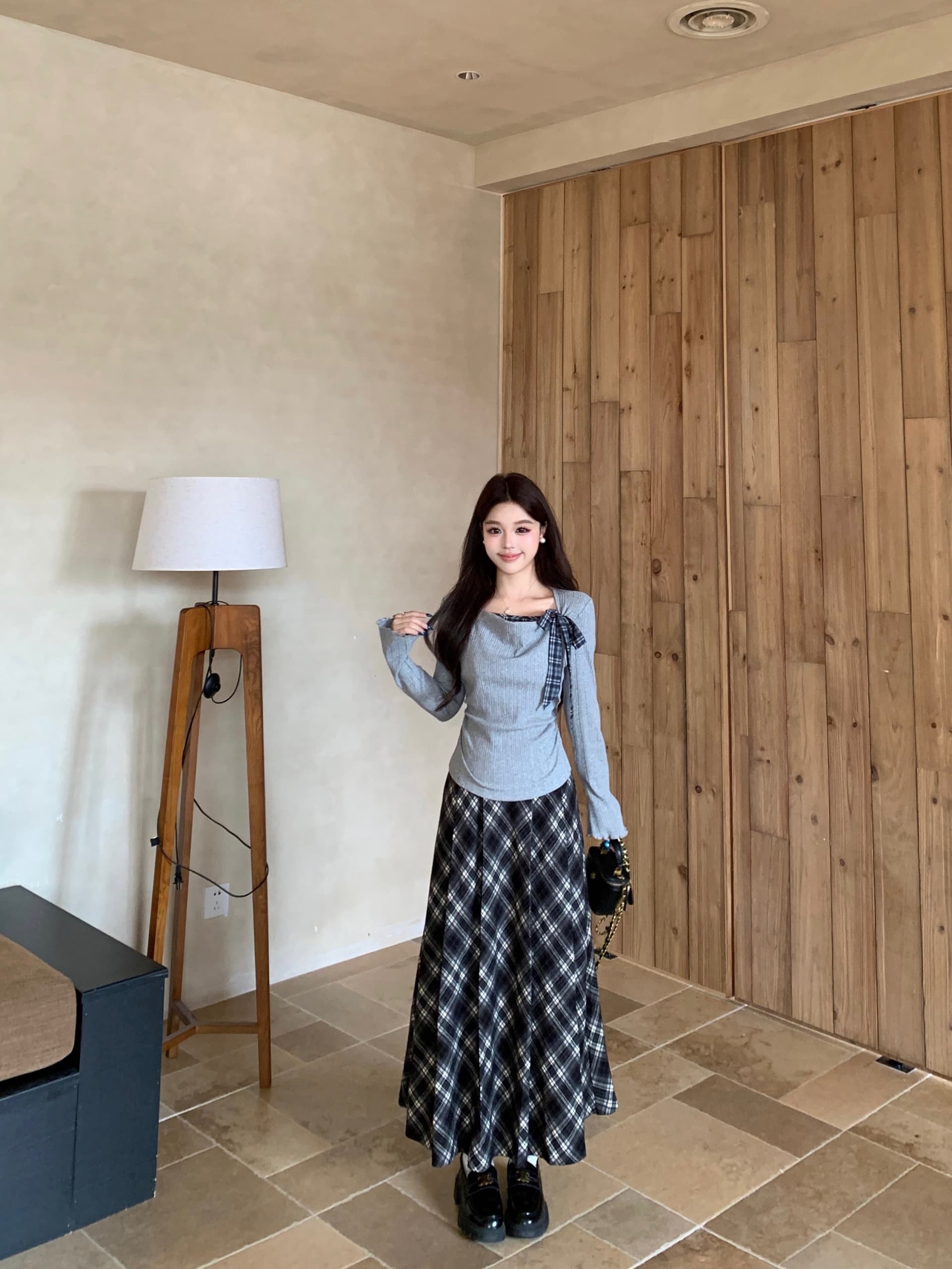 실사 빅 사이즈 한 부서 품격 학원 스타일 여성 가을 흔들다 칼라 맨위 체크무늬 반신 치마 세트 여성 8070 상세 이미지 12