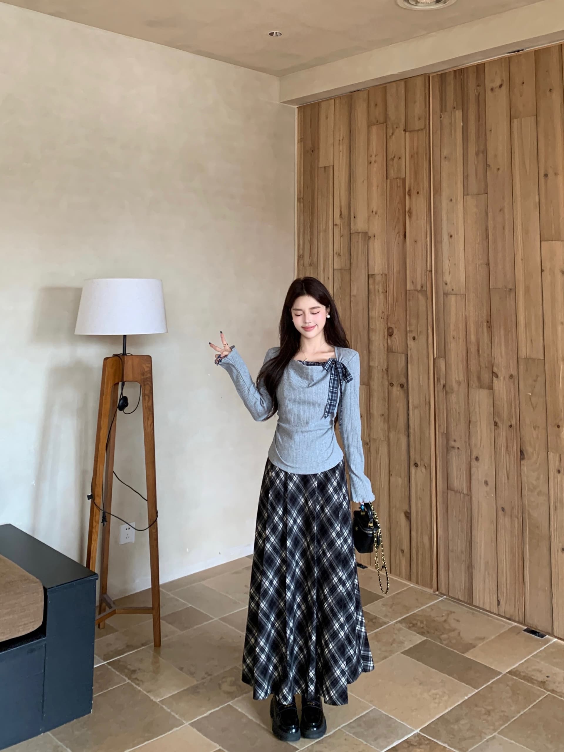 실사 빅 사이즈 한 부서 품격 학원 스타일 여성 가을 흔들다 칼라 맨위 체크무늬 반신 치마 세트 여성 8070 상세 이미지 13