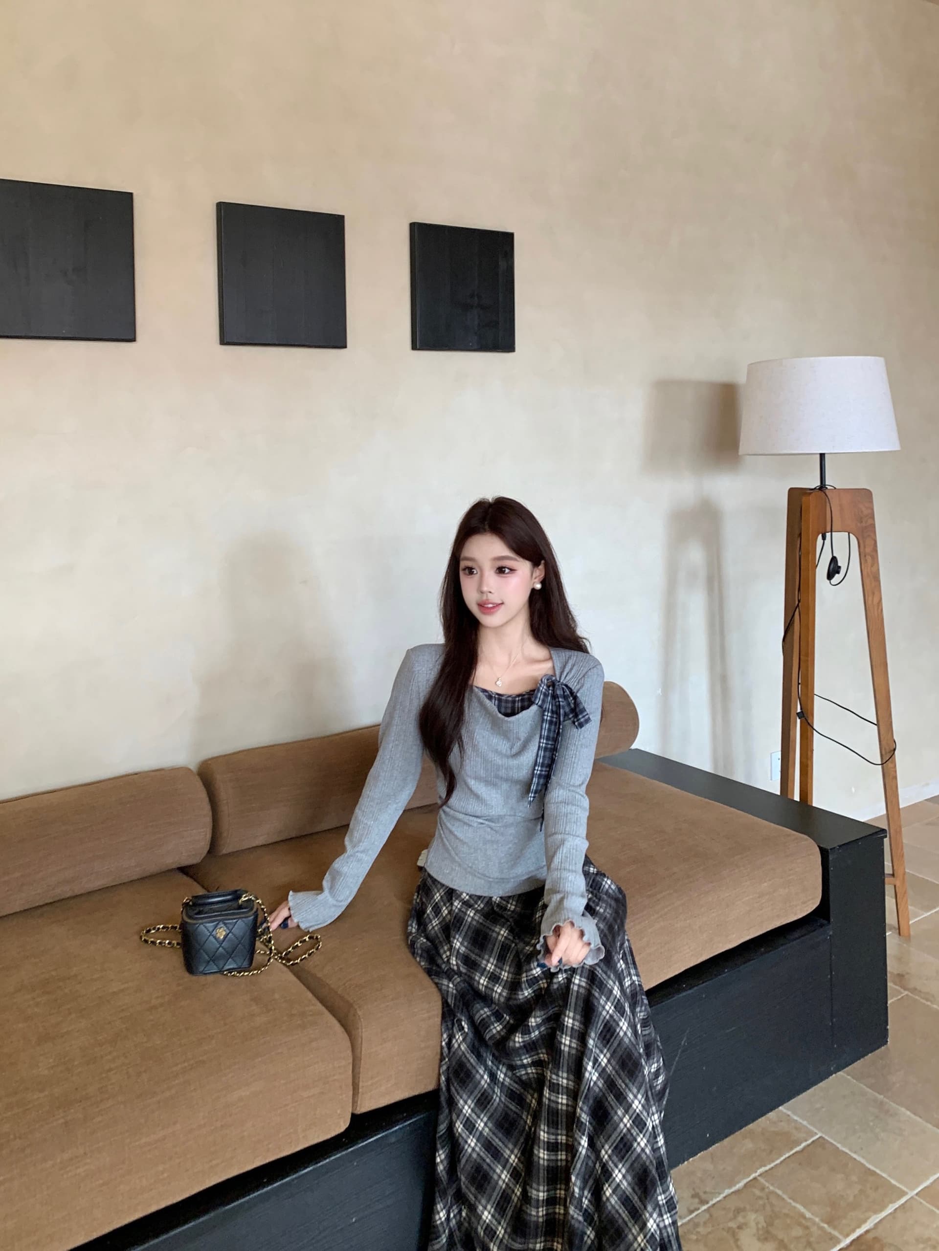 실사 빅 사이즈 한 부서 품격 학원 스타일 여성 가을 흔들다 칼라 맨위 체크무늬 반신 치마 세트 여성 8070 상세 이미지 14