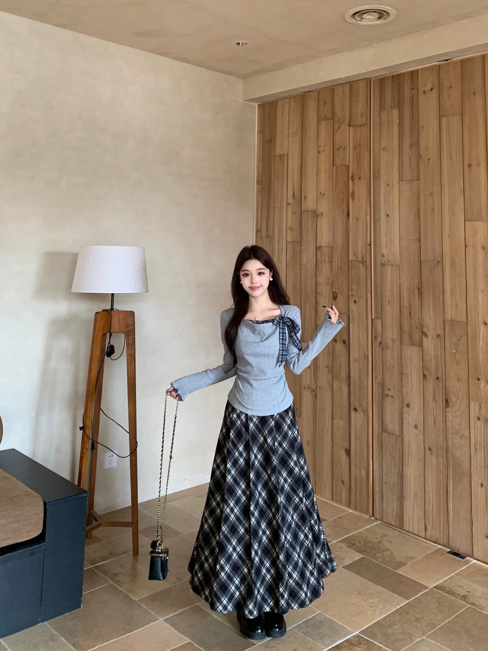 실사 빅 사이즈 한 부서 품격 학원 스타일 여성 가을 흔들다 칼라 맨위 체크무늬 반신 치마 세트 여성 8070 상세 이미지 16