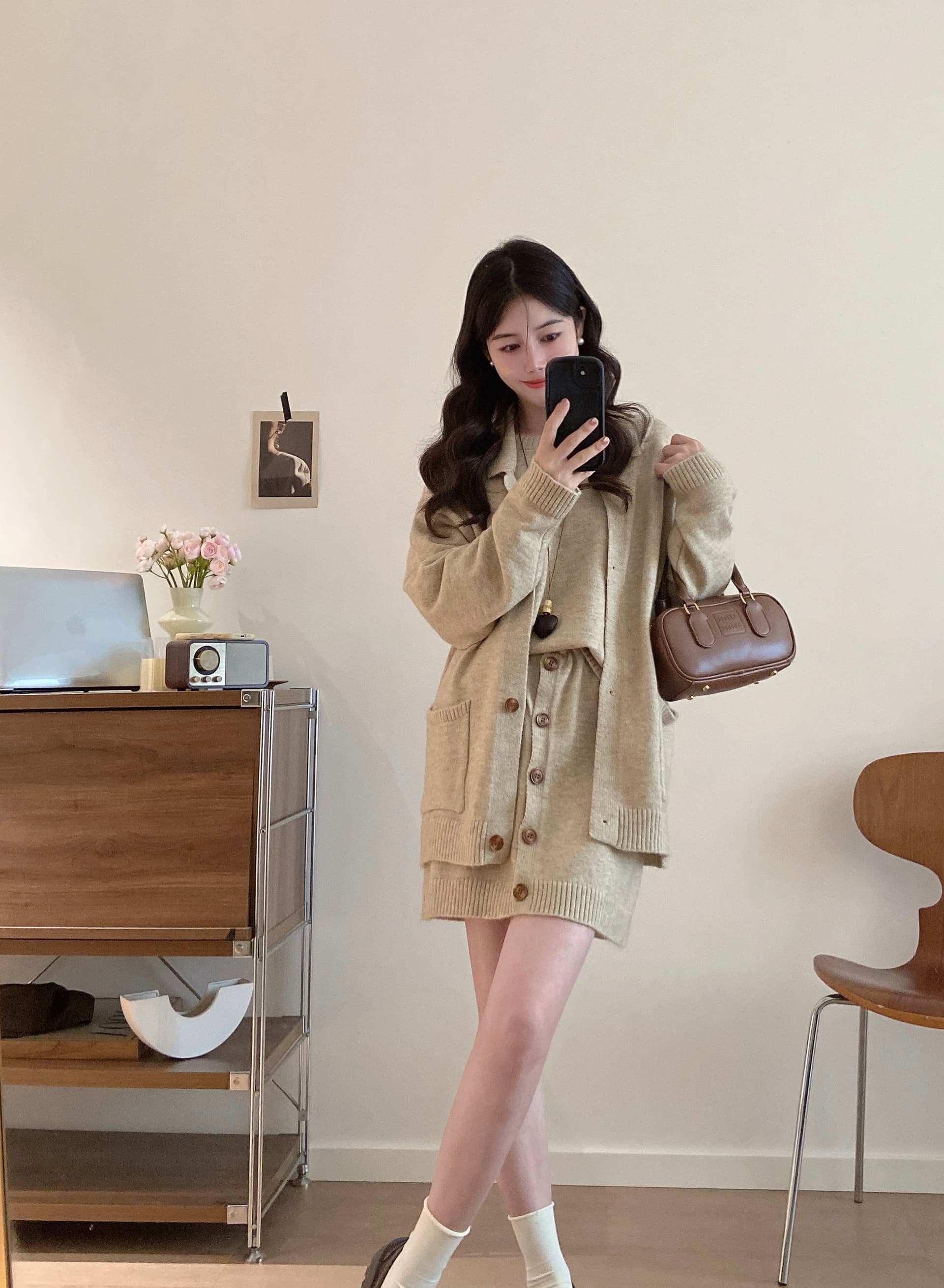 실사 빅 사이즈 프랑스식 품격 니트 오픈 가디건 반신 스커트 세 조각 여성 세트 가을 겨울 고급 센스 착용 가져 가라. 세트 8066 상세 이미지 16