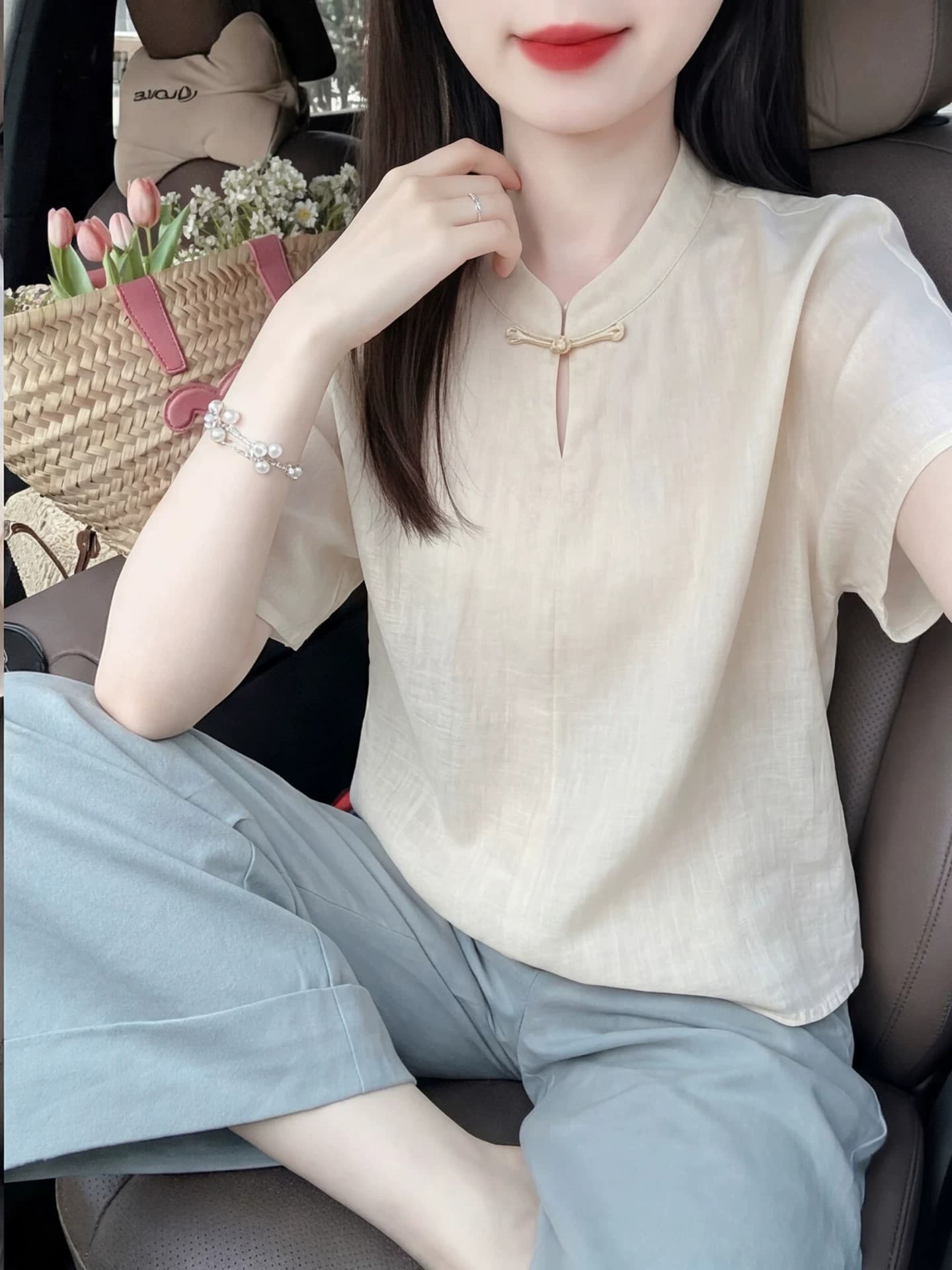 새로운 중식 국풍 단추 베이지 색 스탠드 칼라 반팔 여성 셔츠 여름 2026 새로운 Chic 매우 요정 ~ 중 맨위 상세 이미지 11
