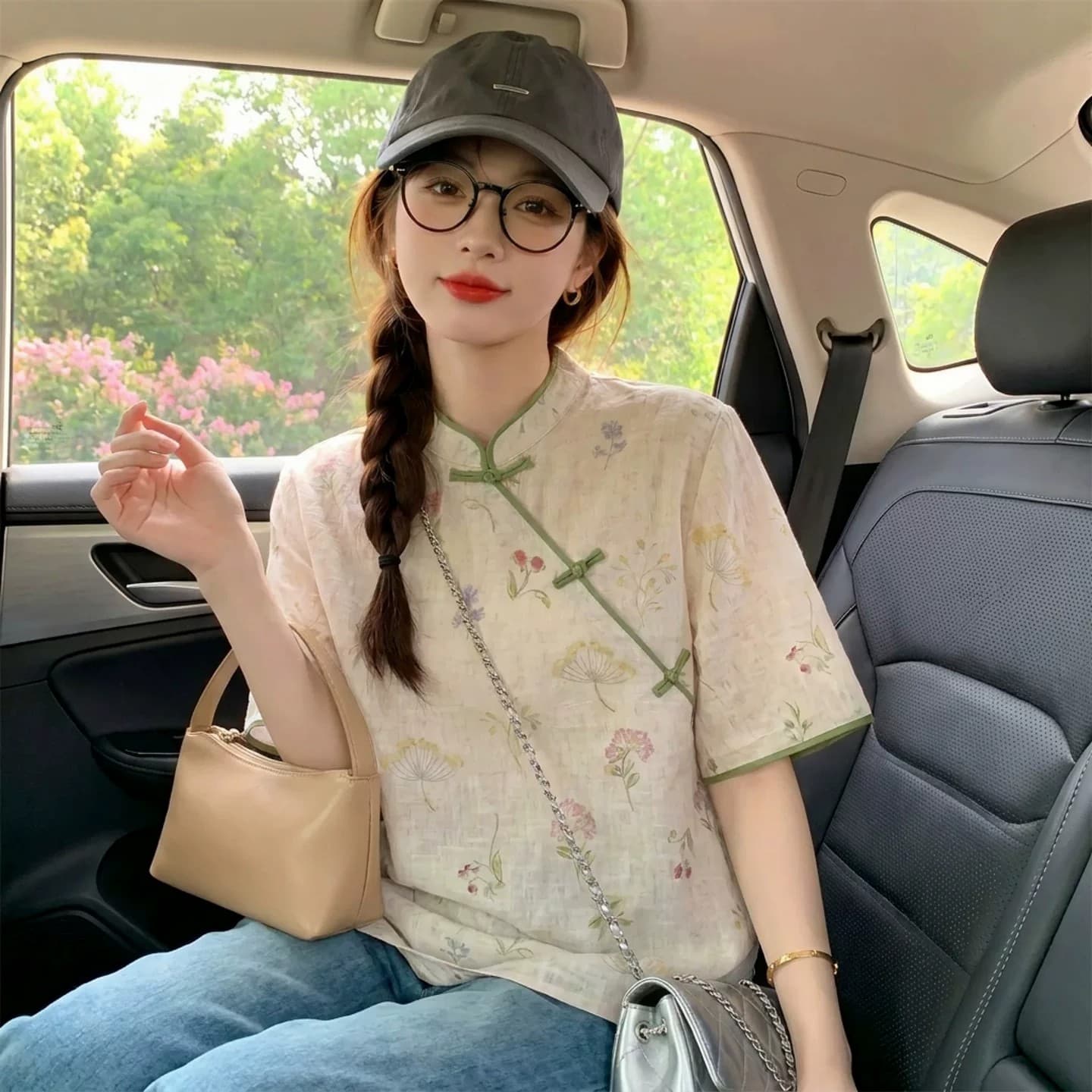 새로운 중식 맨위 쌀 살구 색상 면 린넨 꽃무늬 여성 셔츠 여름 디자인 센스 비스듬한 襟 단추 개선 당나라 작은 셔츠 상세 이미지 10
