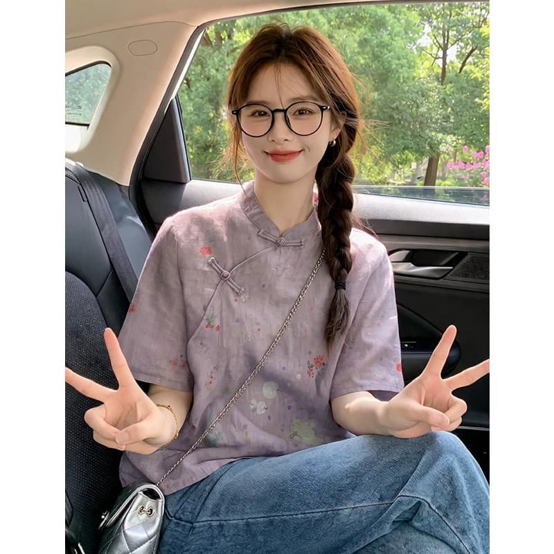 새로운 중식 국풍 절묘한 여성 의류 보라색 면 린넨 프린트 반팔 셔츠 개선 당나라 영 에디션 루즈핏 맨위 이미지 5