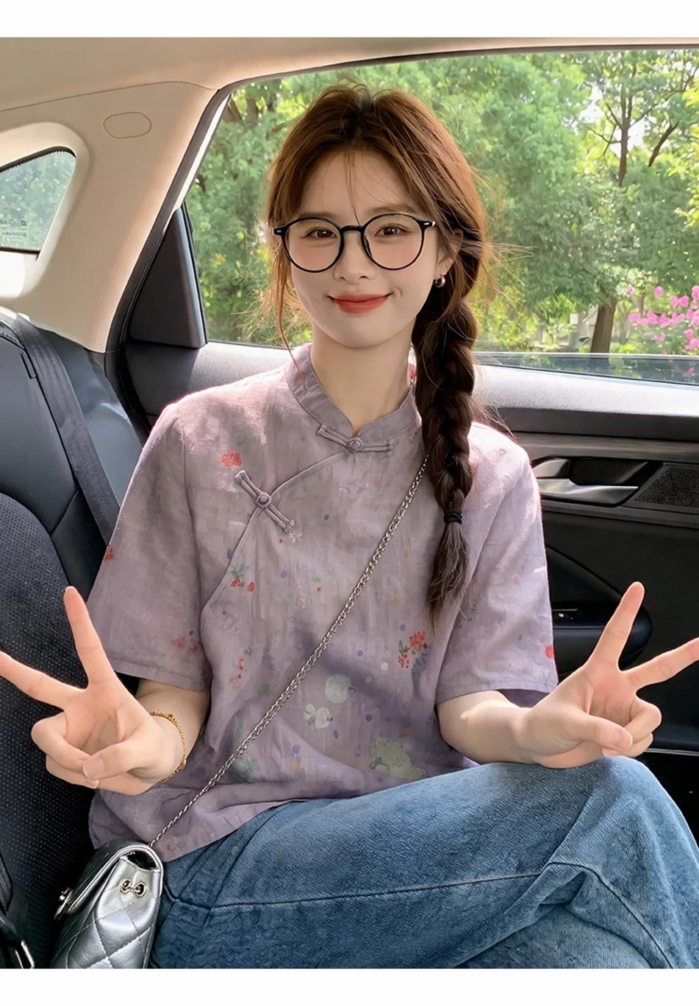 새로운 중식 국풍 절묘한 여성 의류 보라색 면 린넨 프린트 반팔 셔츠 개선 당나라 영 에디션 루즈핏 맨위 상세 이미지 5