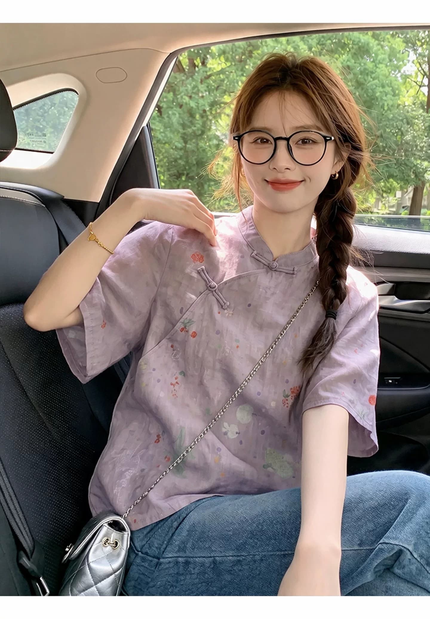새로운 중식 국풍 절묘한 여성 의류 보라색 면 린넨 프린트 반팔 셔츠 개선 당나라 영 에디션 루즈핏 맨위 상세 이미지 9