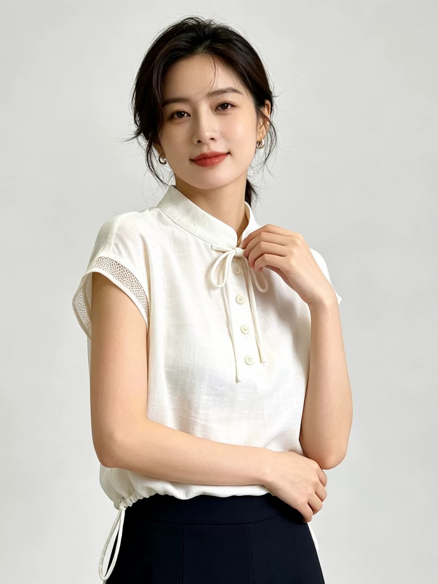 원 웨이 새로운 중식 레이스업 스탠드 칼라 맨위 여성 여름 2026 새로운 망사 패치워크 밑단 펌프 로프 품격 셔츠 상세 이미지 5