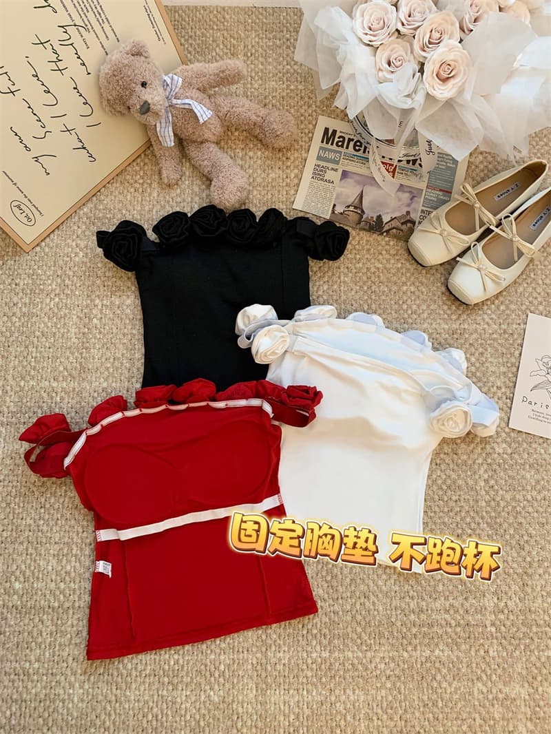실사 정가 여름 보트넥 오프숄더 티셔츠 3 차원 꽃 섹시함 순수한 욕망 몸매 가꾸기 맨위 여성 벨트 가슴 패드 상세 이미지 16