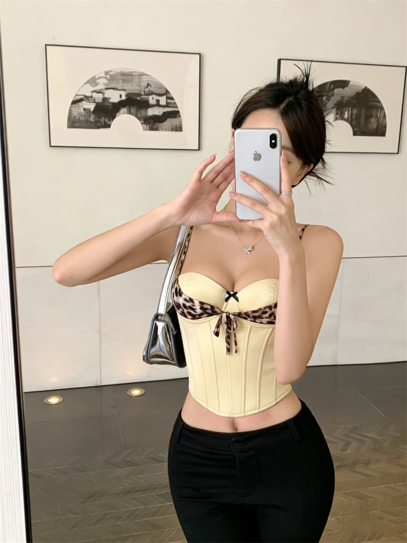 실사 정가 태국 아름다운 작은 슬링 조끼 여성 여름 섹시함 인사이드 가져 가라. 행침 목 레오파드 무늬 배색 생선뼈 맨위 상세 이미지 16