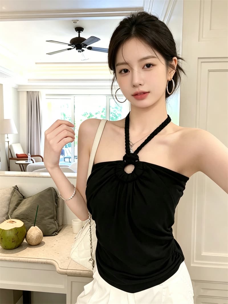 실사 정가 여름 휴가 짜임 행침 목 캐미솔 순수한 욕망 레이스업 백리스 느긋한 튜브탑 맨위 상세 이미지 1