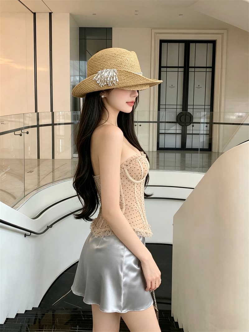 실사 정가 순수한 욕망 레이스 도트 무늬 망사 튜브탑 섹시함 생선뼈 끈 시스루 강철 링 코르셋 포장 가슴 상세 이미지 3