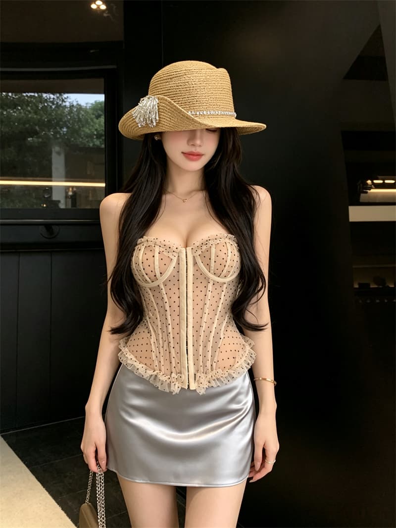 실사 정가 순수한 욕망 레이스 도트 무늬 망사 튜브탑 섹시함 생선뼈 끈 시스루 강철 링 코르셋 포장 가슴 상세 이미지 6