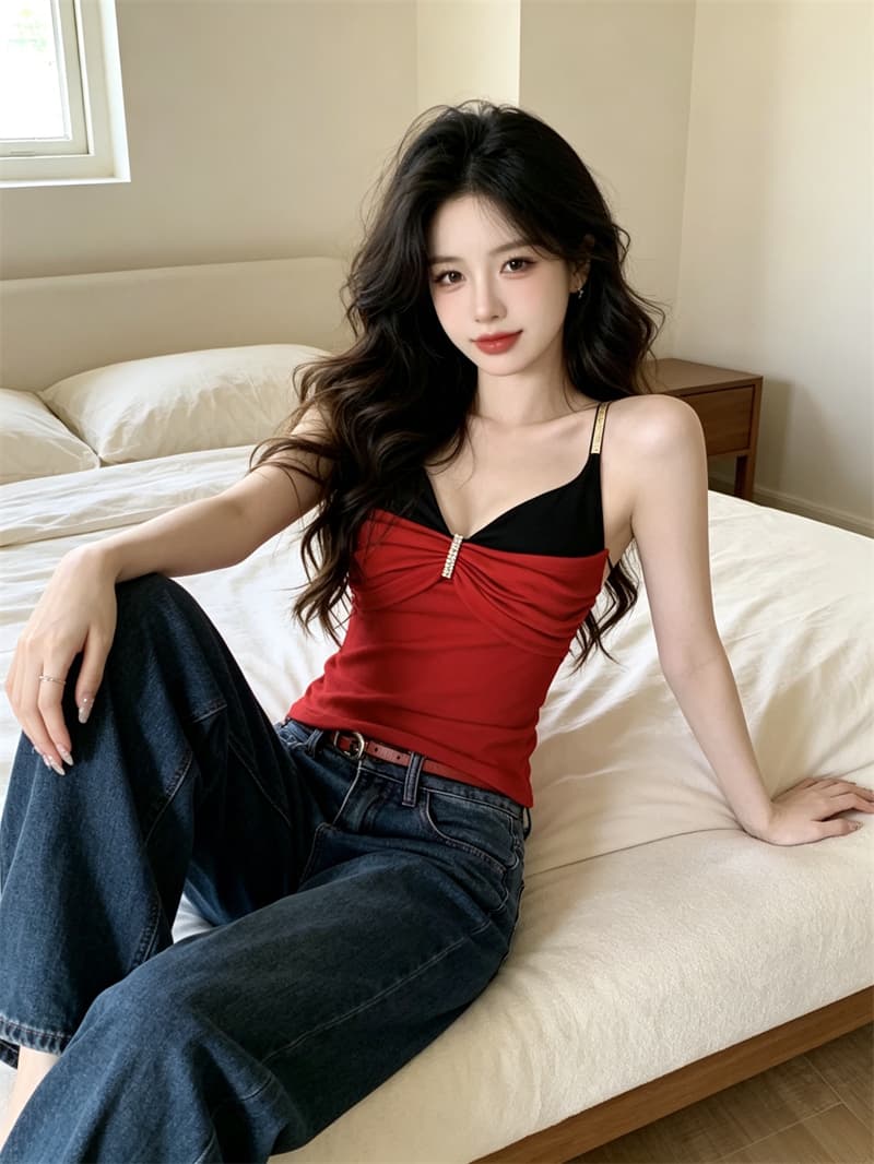 실사 정가 순수한 욕망 섹시함 페이크 레이어드 패치워크 색상 캐미솔 몸매 가꾸기 아름다움 뒤로 외출용 맨위 포함 가슴 패드 상세 이미지 6