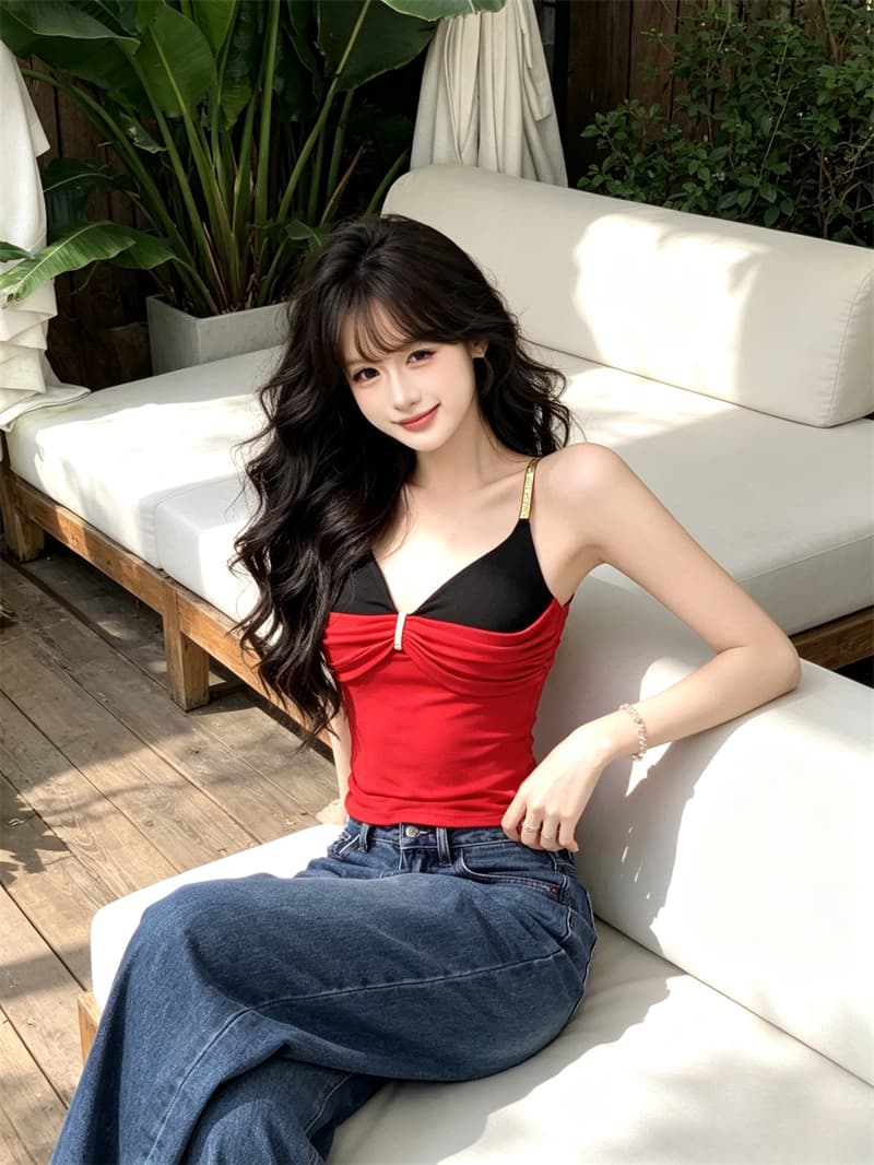 실사 정가 순수한 욕망 섹시함 페이크 레이어드 패치워크 색상 캐미솔 몸매 가꾸기 아름다움 뒤로 외출용 맨위 포함 가슴 패드 상세 이미지 10