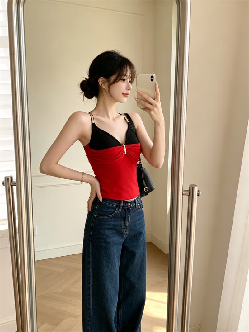 실사 정가 순수한 욕망 섹시함 페이크 레이어드 패치워크 색상 캐미솔 몸매 가꾸기 아름다움 뒤로 외출용 맨위 포함 가슴 패드 상세 이미지 12
