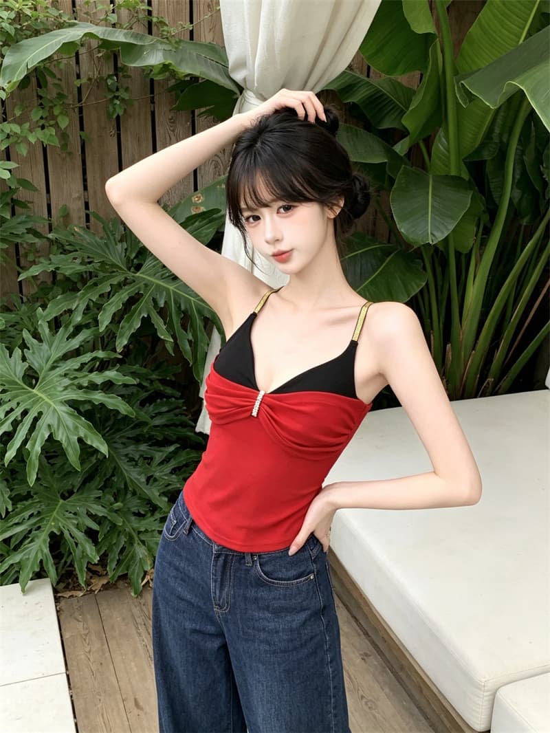실사 정가 순수한 욕망 섹시함 페이크 레이어드 패치워크 색상 캐미솔 몸매 가꾸기 아름다움 뒤로 외출용 맨위 포함 가슴 패드 상세 이미지 13