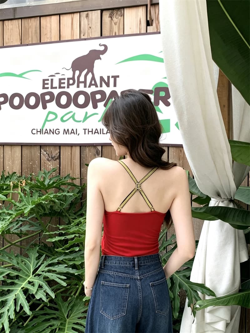 실사 정가 순수한 욕망 섹시함 페이크 레이어드 패치워크 색상 캐미솔 몸매 가꾸기 아름다움 뒤로 외출용 맨위 포함 가슴 패드 상세 이미지 18