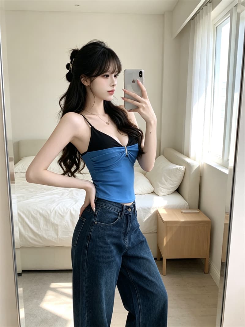 실사 정가 순수한 욕망 섹시함 페이크 레이어드 패치워크 색상 캐미솔 몸매 가꾸기 아름다움 뒤로 외출용 맨위 포함 가슴 패드 상세 이미지 20