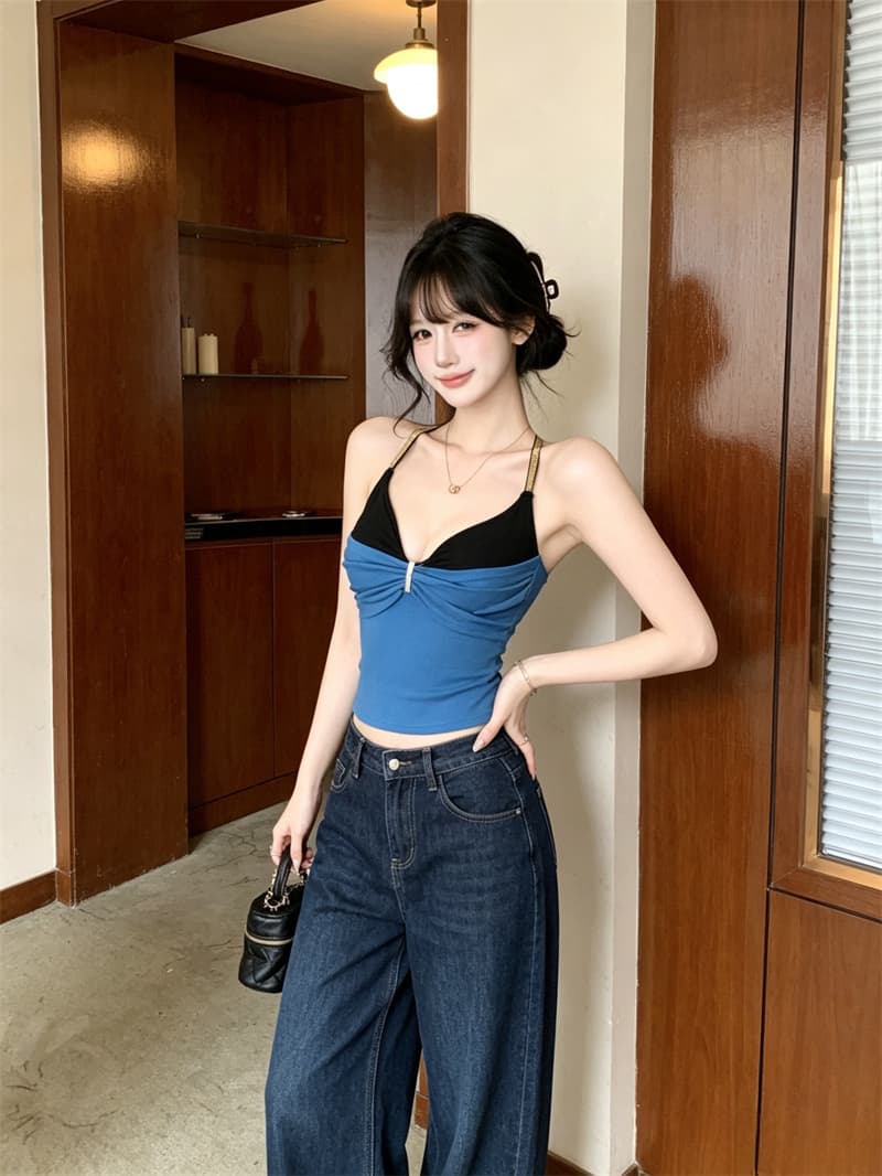 실사 정가 순수한 욕망 섹시함 페이크 레이어드 패치워크 색상 캐미솔 몸매 가꾸기 아름다움 뒤로 외출용 맨위 포함 가슴 패드 상세 이미지 21