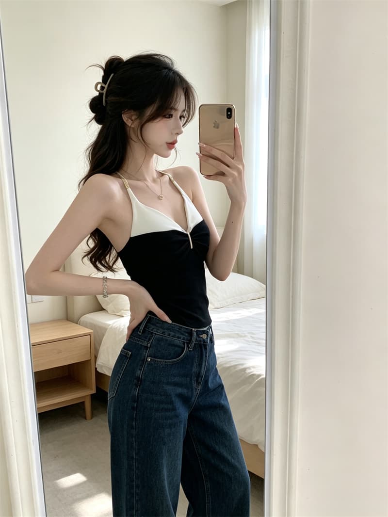 실사 정가 순수한 욕망 섹시함 페이크 레이어드 패치워크 색상 캐미솔 몸매 가꾸기 아름다움 뒤로 외출용 맨위 포함 가슴 패드 상세 이미지 26