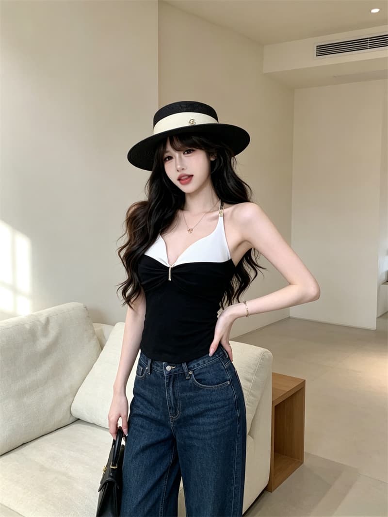 실사 정가 순수한 욕망 섹시함 페이크 레이어드 패치워크 색상 캐미솔 몸매 가꾸기 아름다움 뒤로 외출용 맨위 포함 가슴 패드 상세 이미지 30