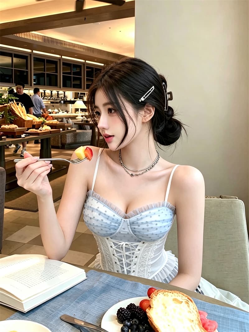 실사 정가 여름 여행 파란색 하트 레이스 망사 생선뼈 코르셋 순수한 욕망 스트랩 허리 수축 슬립