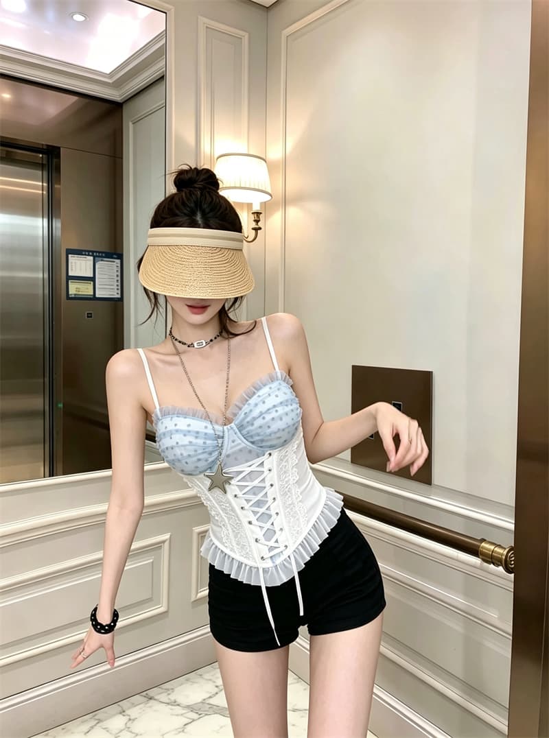 실사 정가 여름 여행 파란색 하트 레이스 망사 생선뼈 코르셋 순수한 욕망 스트랩 허리 수축 슬립 상세 이미지 4