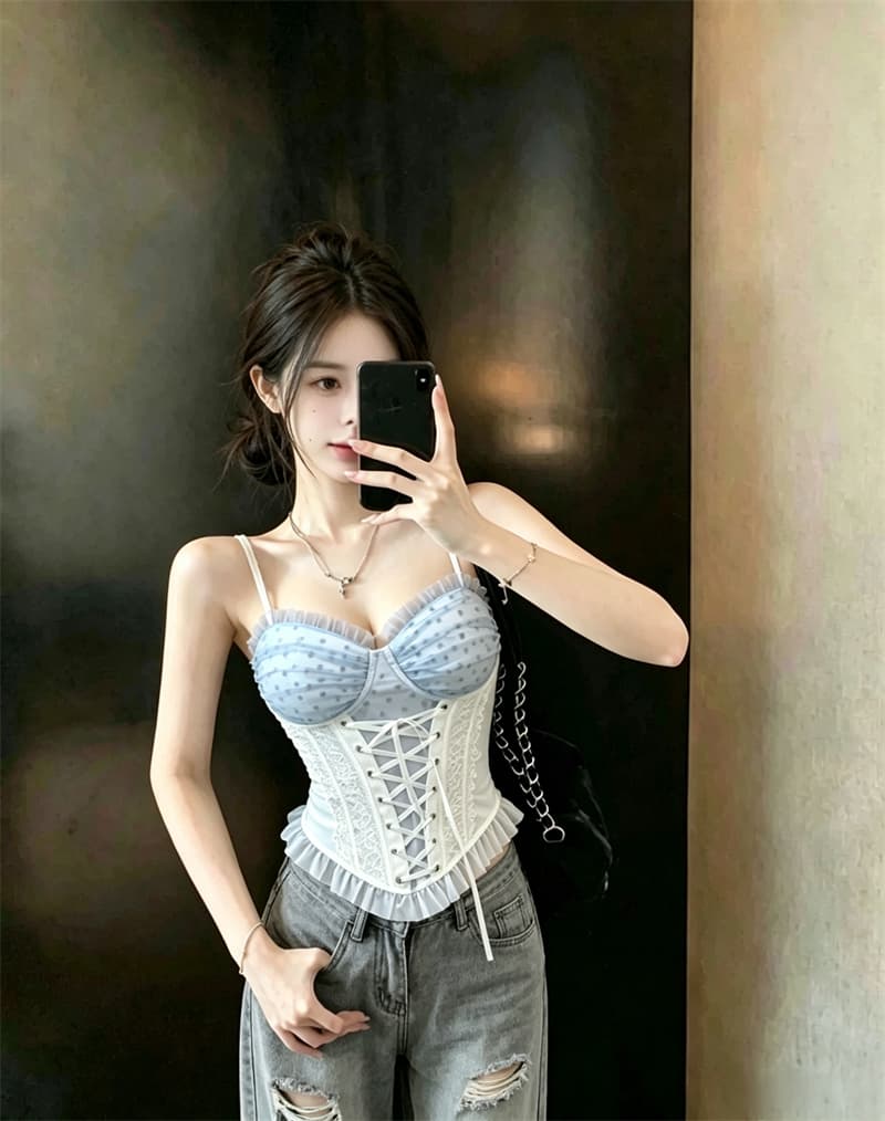 실사 정가 여름 여행 파란색 하트 레이스 망사 생선뼈 코르셋 순수한 욕망 스트랩 허리 수축 슬립 상세 이미지 9