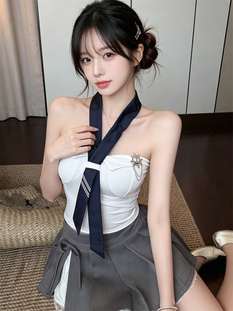 실사 정가 행침 목 학원 스타일 브로치 튜브탑 조끼 여성 여름 허리 수축 슬림해 보이는 순수한 욕망 바람 맨위 포함 가슴 패드 상세 이미지 16