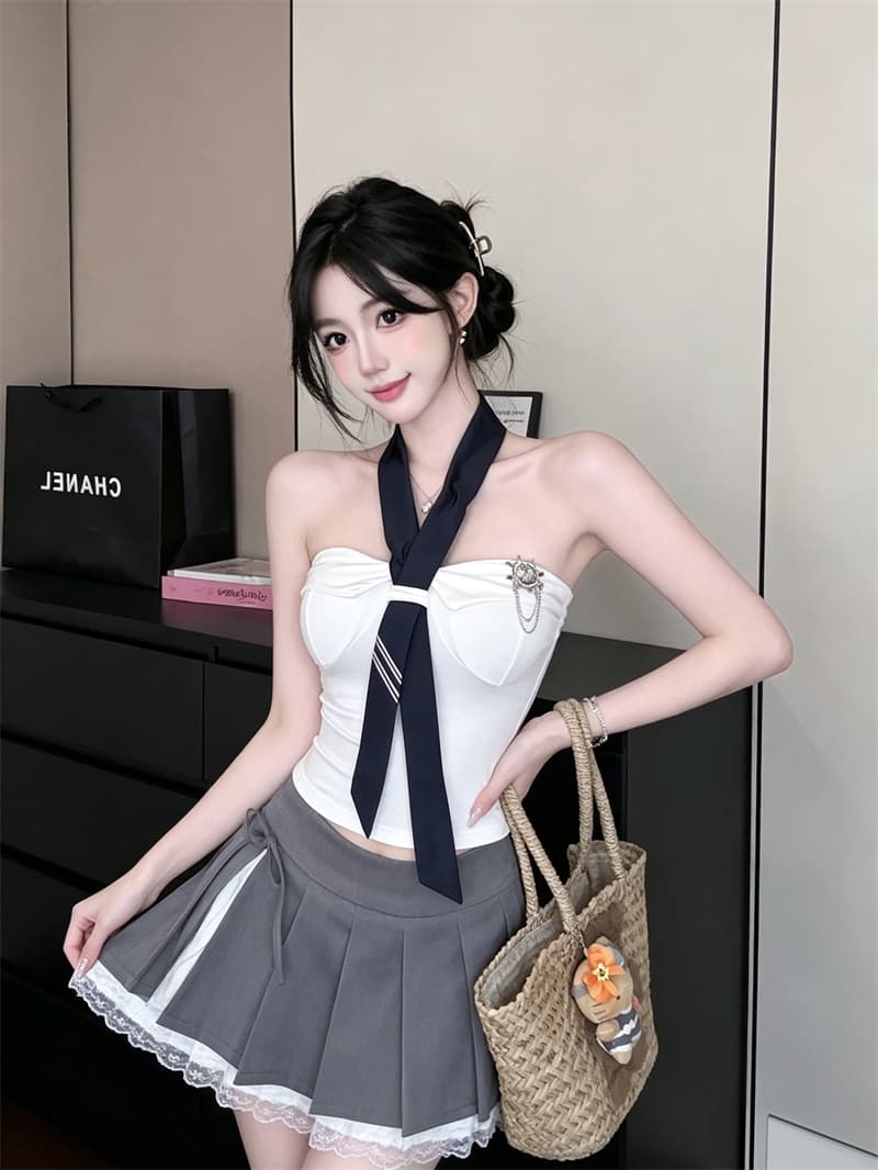 실사 정가 행침 목 학원 스타일 브로치 튜브탑 조끼 여성 여름 허리 수축 슬림해 보이는 순수한 욕망 바람 맨위 포함 가슴 패드 상세 이미지 17
