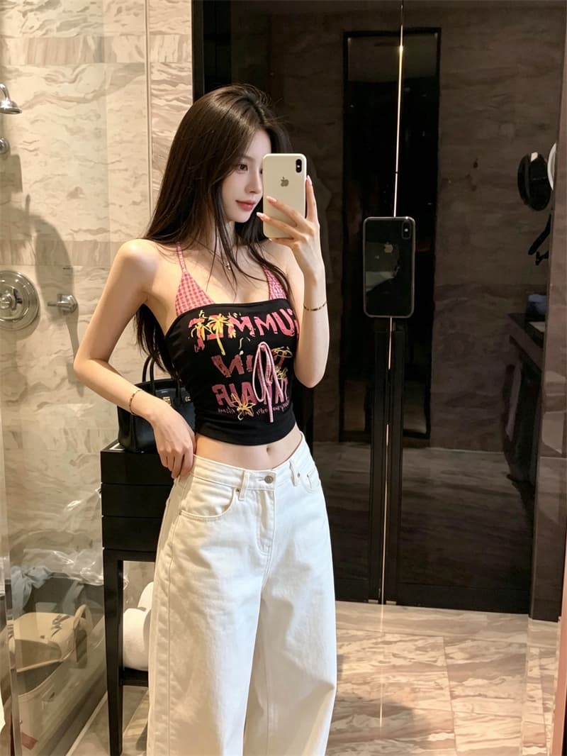 실사 정가 달콤함 여름 다채로운 착용 가져 가라. 행침 목 캐미솔 체크무늬 페이크 레이어드 몸매 가꾸기 외출용 여행 상세 이미지 8