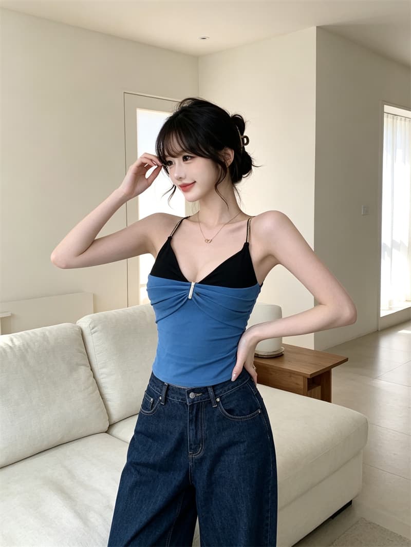 실사 정가 순수한 욕망 섹시함 페이크 레이어드 패치워크 색상 캐미솔 몸매 가꾸기 아름다움 뒤로 외출용 맨위 포함 가슴 패드 이미지 2