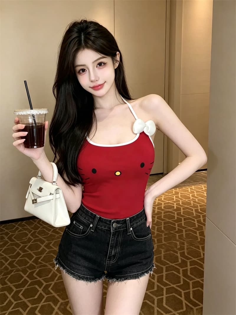 실사 정가 여름 순수한 욕망 만화 고양이 프린트 행침 목 레이스업 백리스 슬립 나비 매듭 고정 가슴 패드 상세 이미지 12