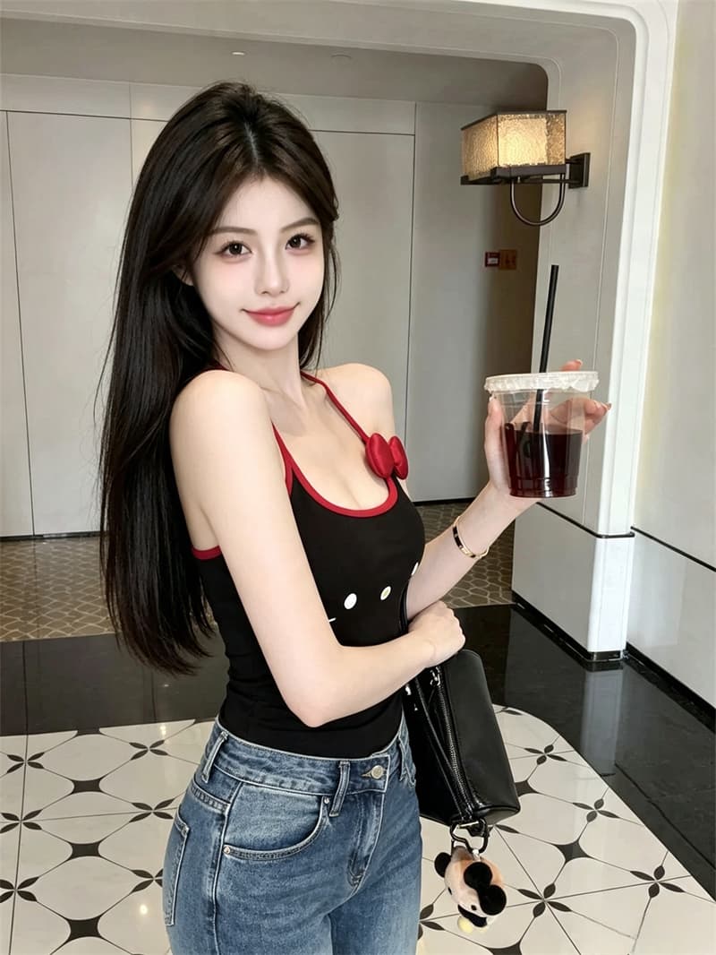 실사 정가 여름 순수한 욕망 만화 고양이 프린트 행침 목 레이스업 백리스 슬립 나비 매듭 고정 가슴 패드 상세 이미지 20