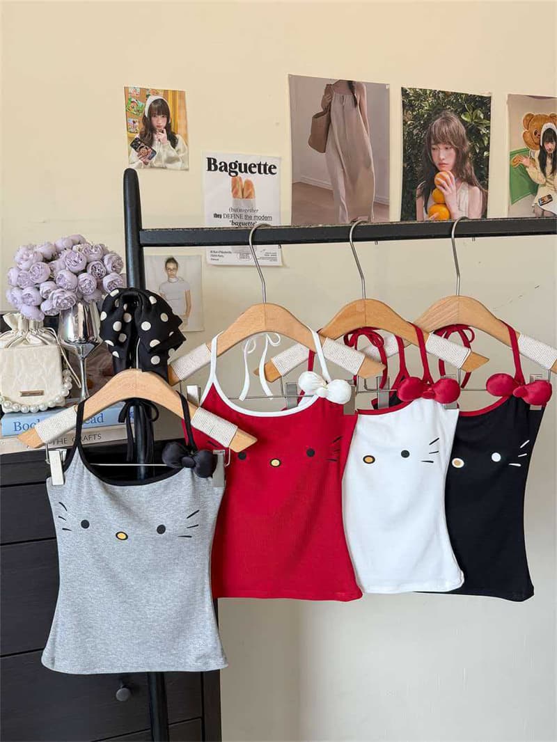 실사 정가 여름 순수한 욕망 만화 고양이 프린트 행침 목 레이스업 백리스 슬립 나비 매듭 고정 가슴 패드 상세 이미지 28