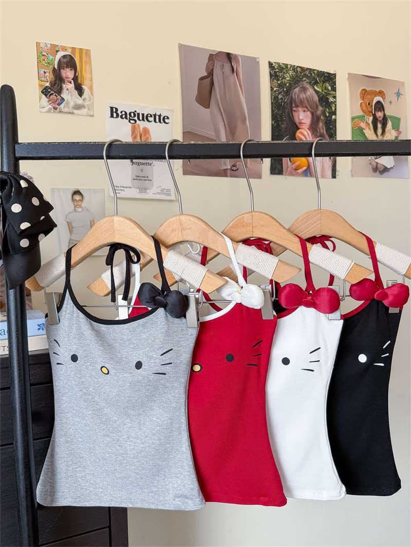 실사 정가 여름 순수한 욕망 만화 고양이 프린트 행침 목 레이스업 백리스 슬립 나비 매듭 고정 가슴 패드 상세 이미지 30