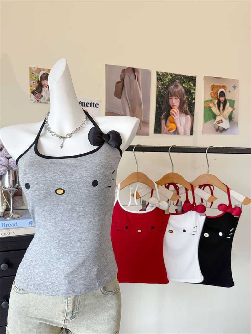 실사 정가 여름 순수한 욕망 만화 고양이 프린트 행침 목 레이스업 백리스 슬립 나비 매듭 고정 가슴 패드 상세 이미지 31