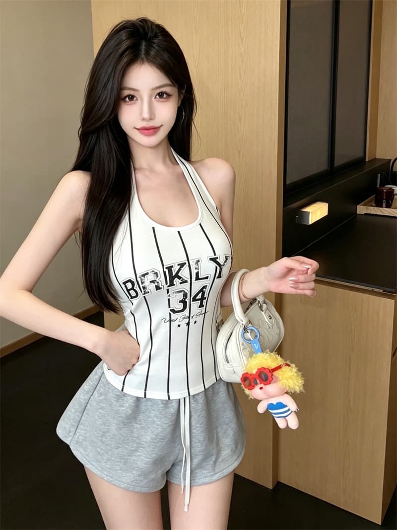 실사 정가 스트라이프 알파벳 프린트 행침 목 조끼 여성 순수한 욕망 핫걸 운동 슬립 다용도 백리스 맨위 이미지 4