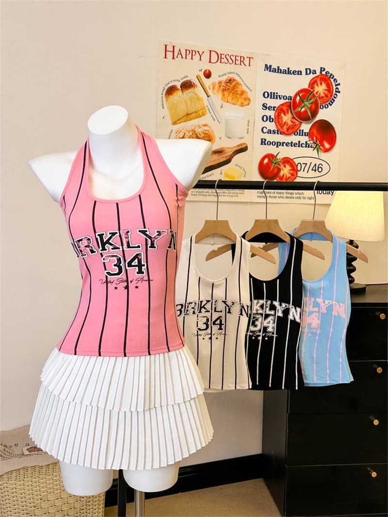 실사 정가 스트라이프 알파벳 프린트 행침 목 조끼 여성 순수한 욕망 핫걸 운동 슬립 다용도 백리스 맨위 상세 이미지 30
