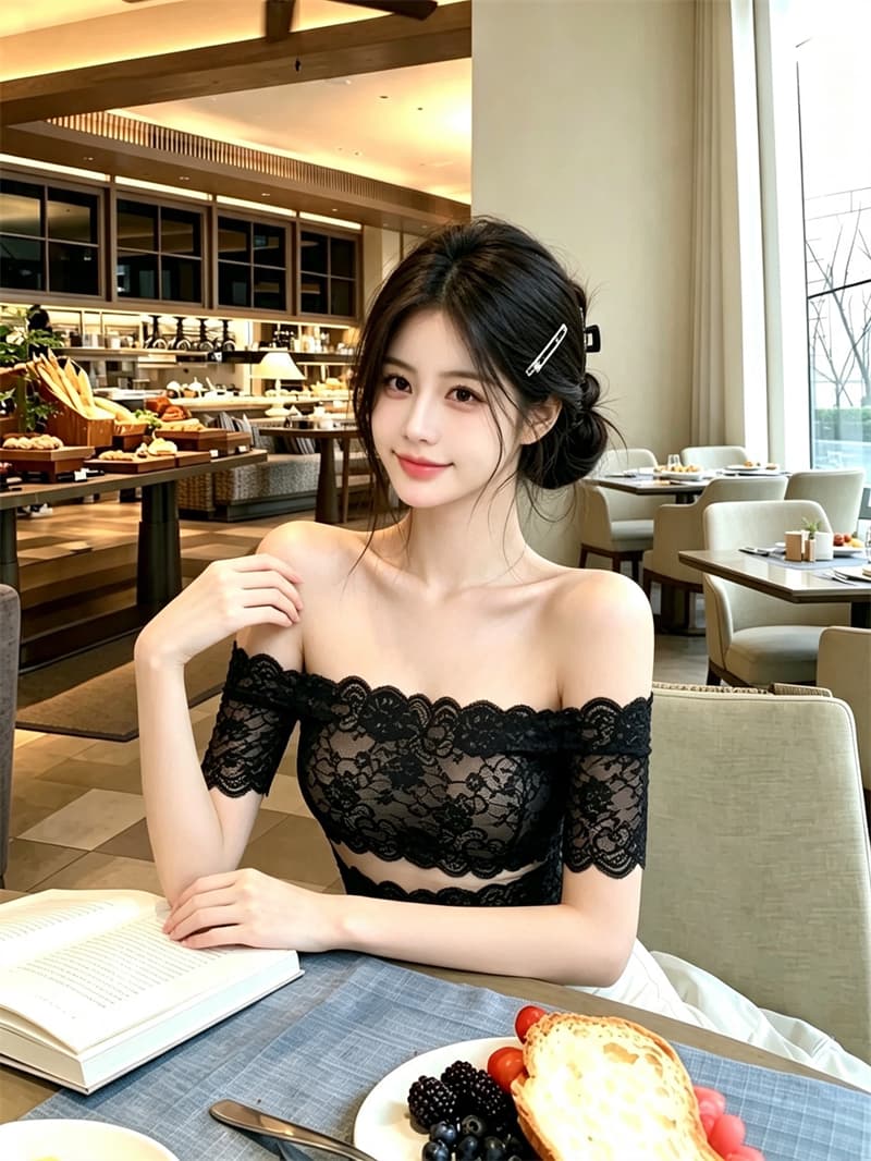 실사 정가 여름 새로운 순수한 욕망 바람 레이스 조각 오프숄더 반팔 티셔츠 여성 몸매 가꾸기 고정 가슴 컵 이미지 2
