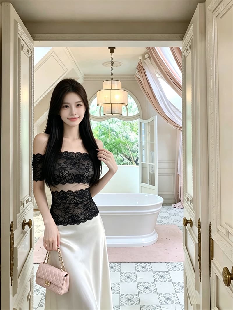 실사 정가 여름 새로운 순수한 욕망 바람 레이스 조각 오프숄더 반팔 티셔츠 여성 몸매 가꾸기 고정 가슴 컵 상세 이미지 9