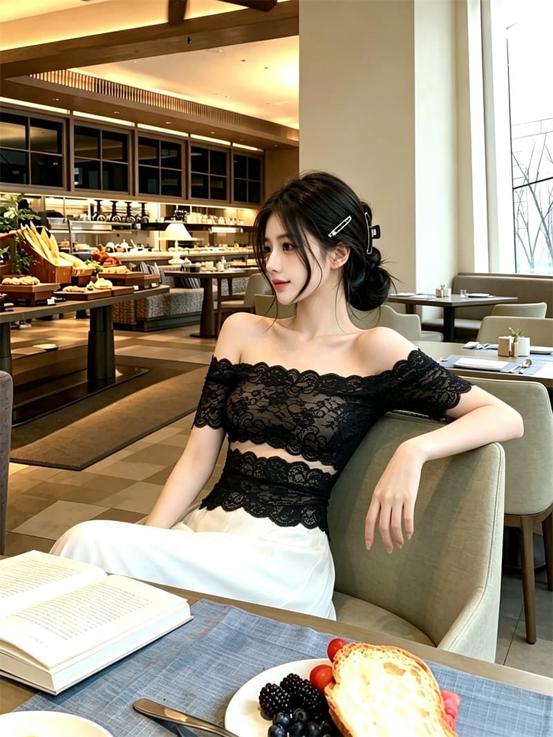 실사 정가 여름 새로운 순수한 욕망 바람 레이스 조각 오프숄더 반팔 티셔츠 여성 몸매 가꾸기 고정 가슴 컵 상세 이미지 12