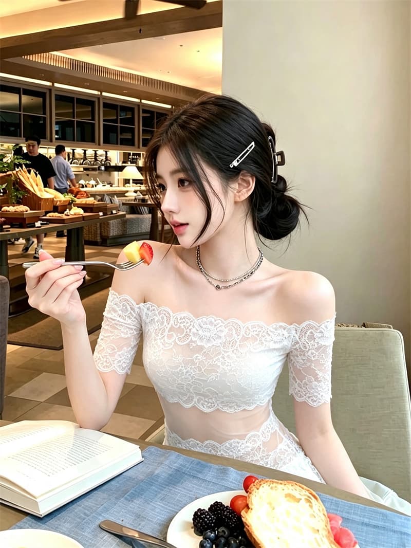 실사 정가 여름 새로운 순수한 욕망 바람 레이스 조각 오프숄더 반팔 티셔츠 여성 몸매 가꾸기 고정 가슴 컵 상세 이미지 13