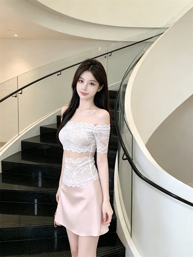 실사 정가 여름 새로운 순수한 욕망 바람 레이스 조각 오프숄더 반팔 티셔츠 여성 몸매 가꾸기 고정 가슴 컵 상세 이미지 17