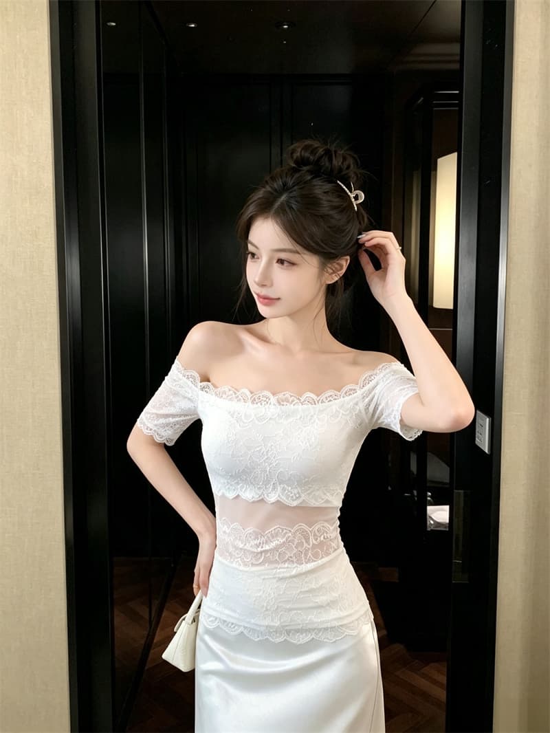 실사 정가 여름 새로운 순수한 욕망 바람 레이스 조각 오프숄더 반팔 티셔츠 여성 몸매 가꾸기 고정 가슴 컵 상세 이미지 20